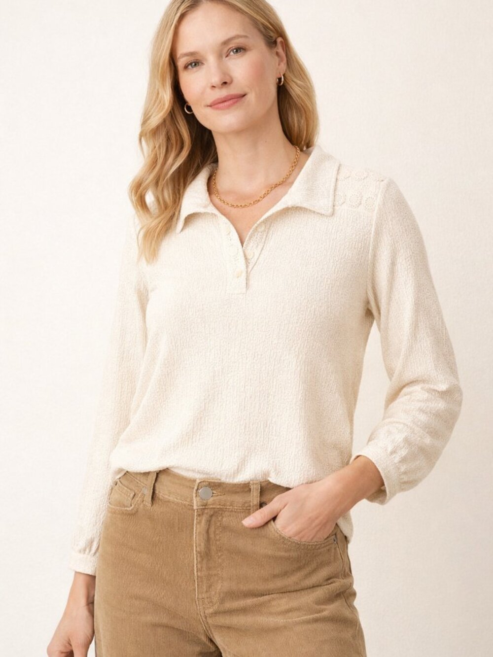 Como Blu Women’s XL Cream Textured Collared Long Sleeve Blouse